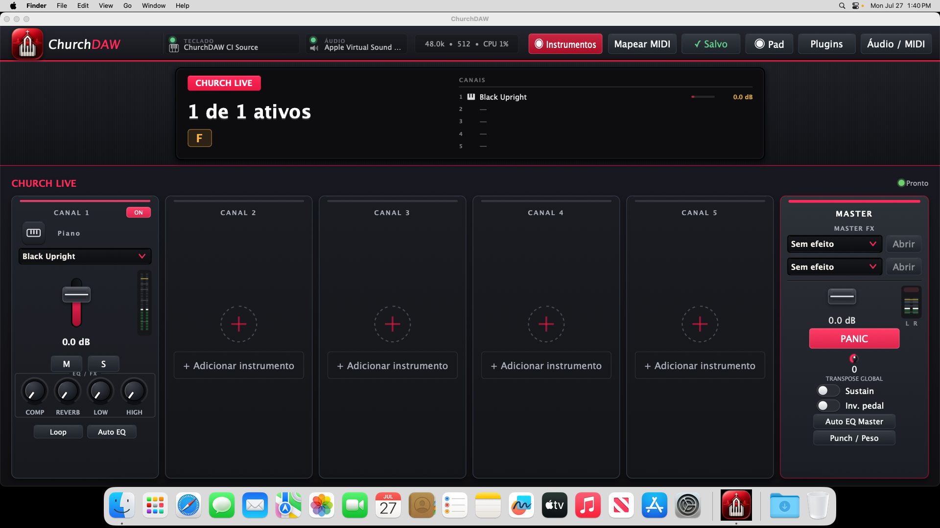 ChurchDAW executando nativamente no macOS com MIDI e áudio conectados