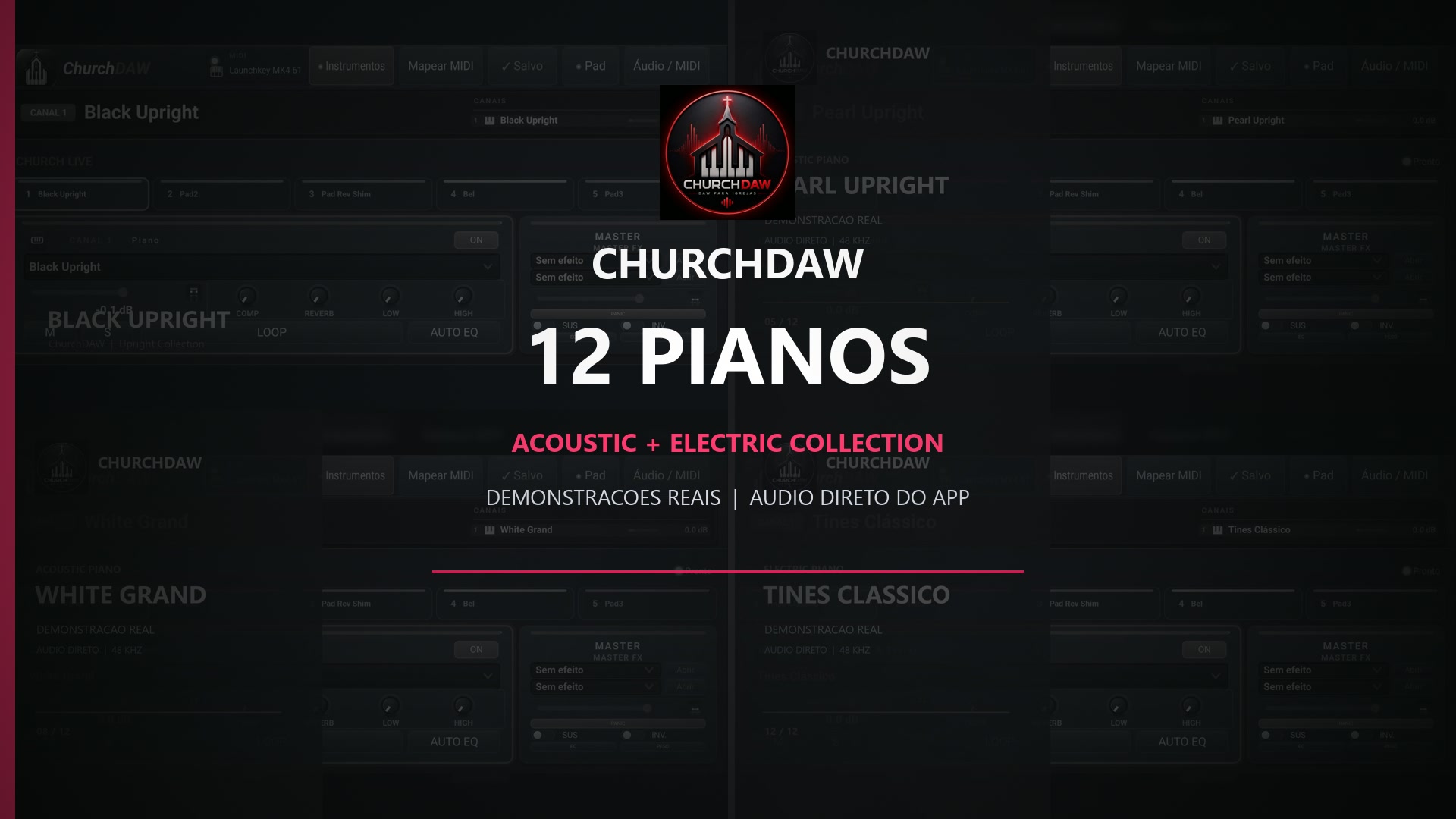 Coleção de doze pianos executada na versão Android do ChurchDAW